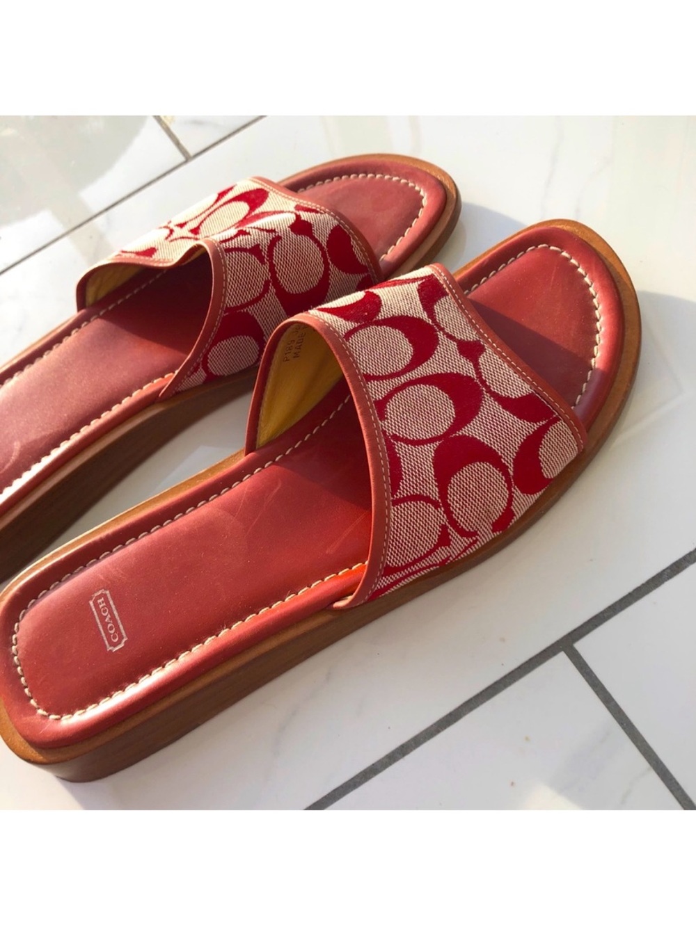 Coach Red Signature Slide Sandals with Jacquard Strap